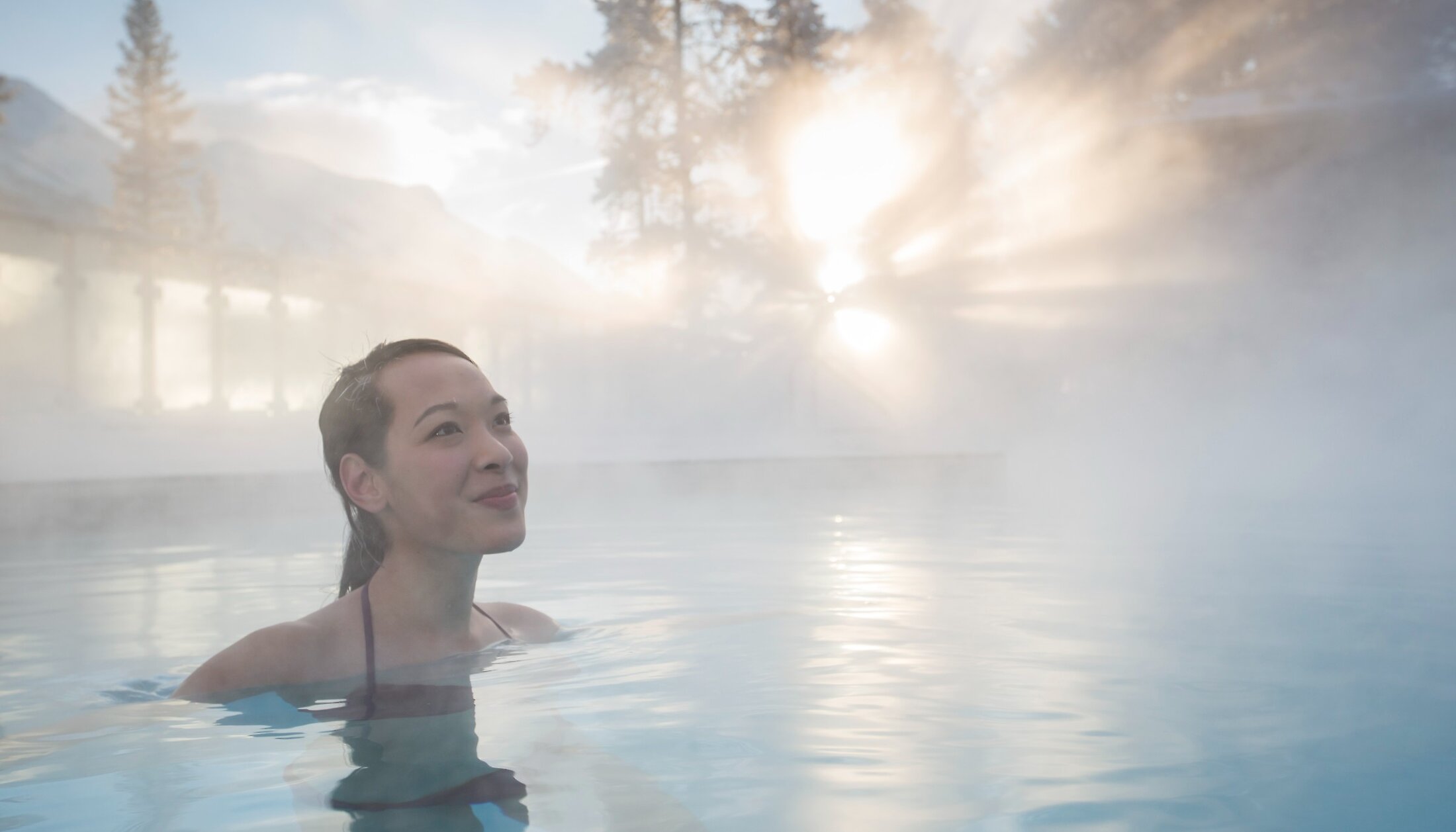 Enjoying a soak in the Banff Upper Hot Springs