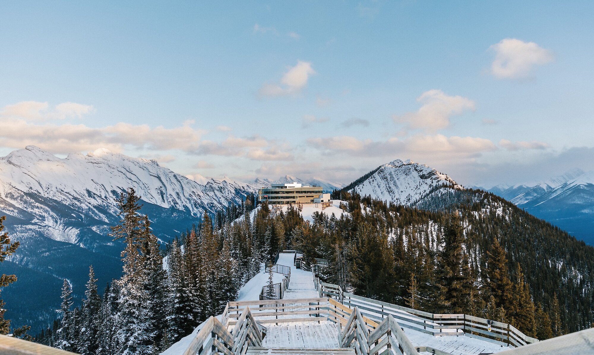 The boardwalk at the top of the Banff Gondola in winter
