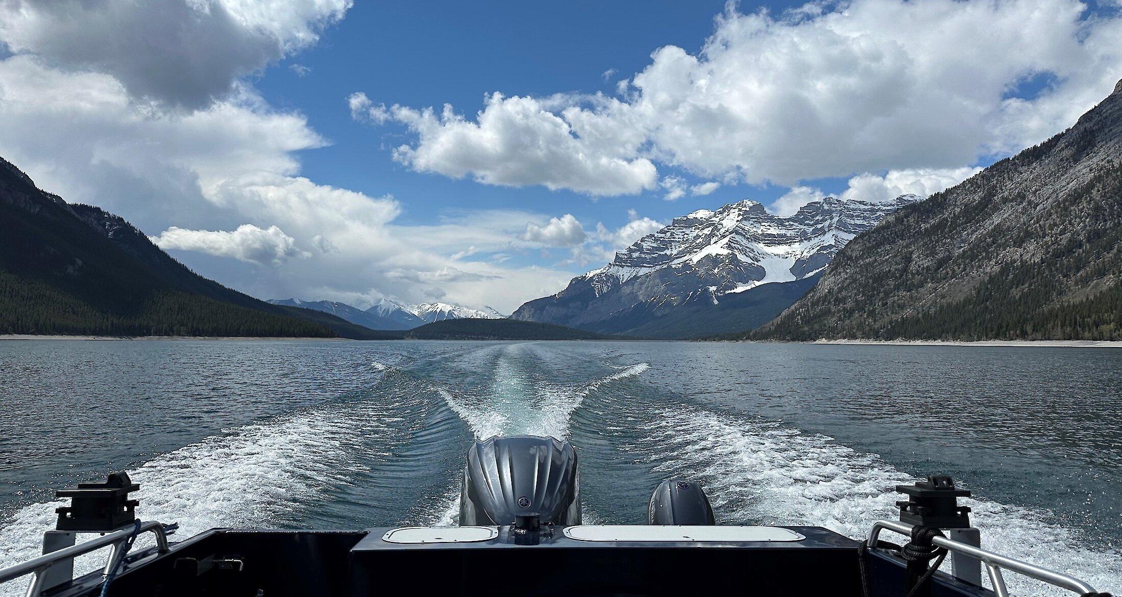 A point of view on Lake Minnewanka from the fishing boat