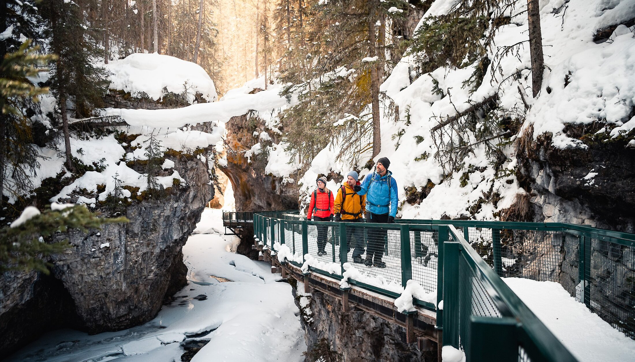 Walking along catwalks of Johnston Canyon