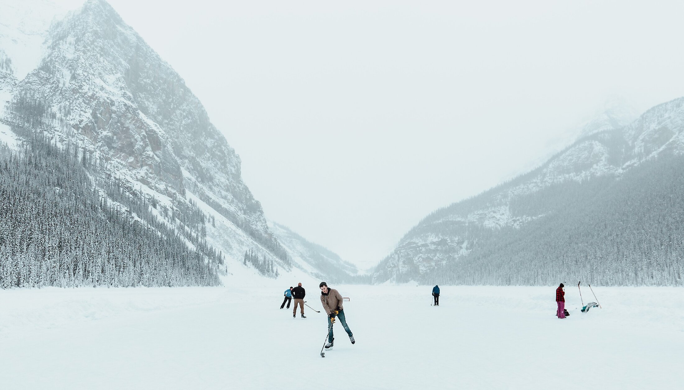 Playing ice hockey on Lake Louise