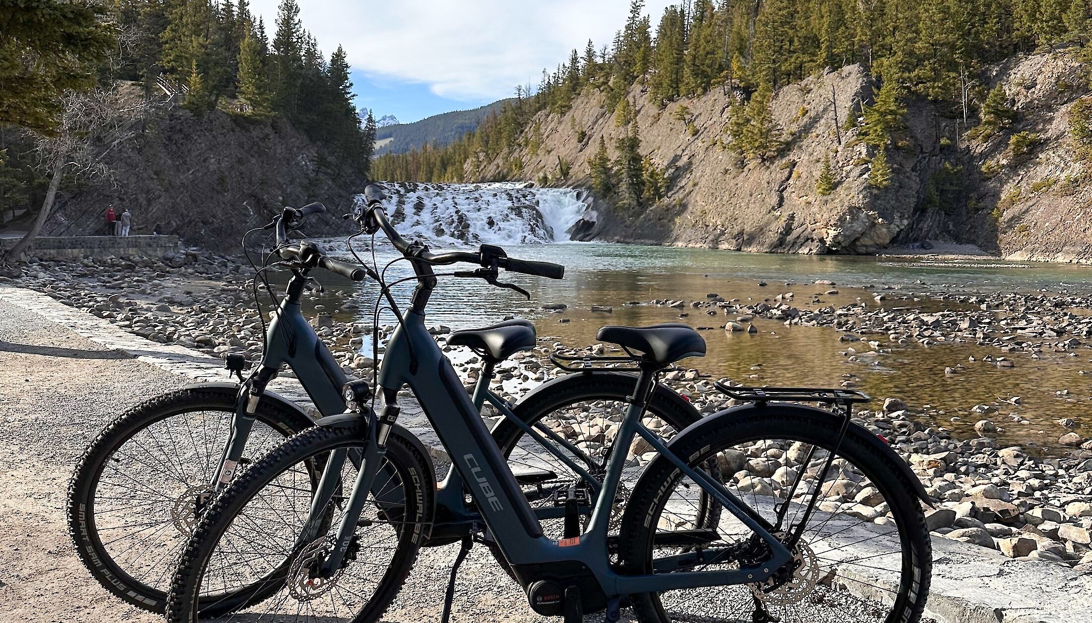 A view of the cube e-bike at Bow Falls in Banff National Park