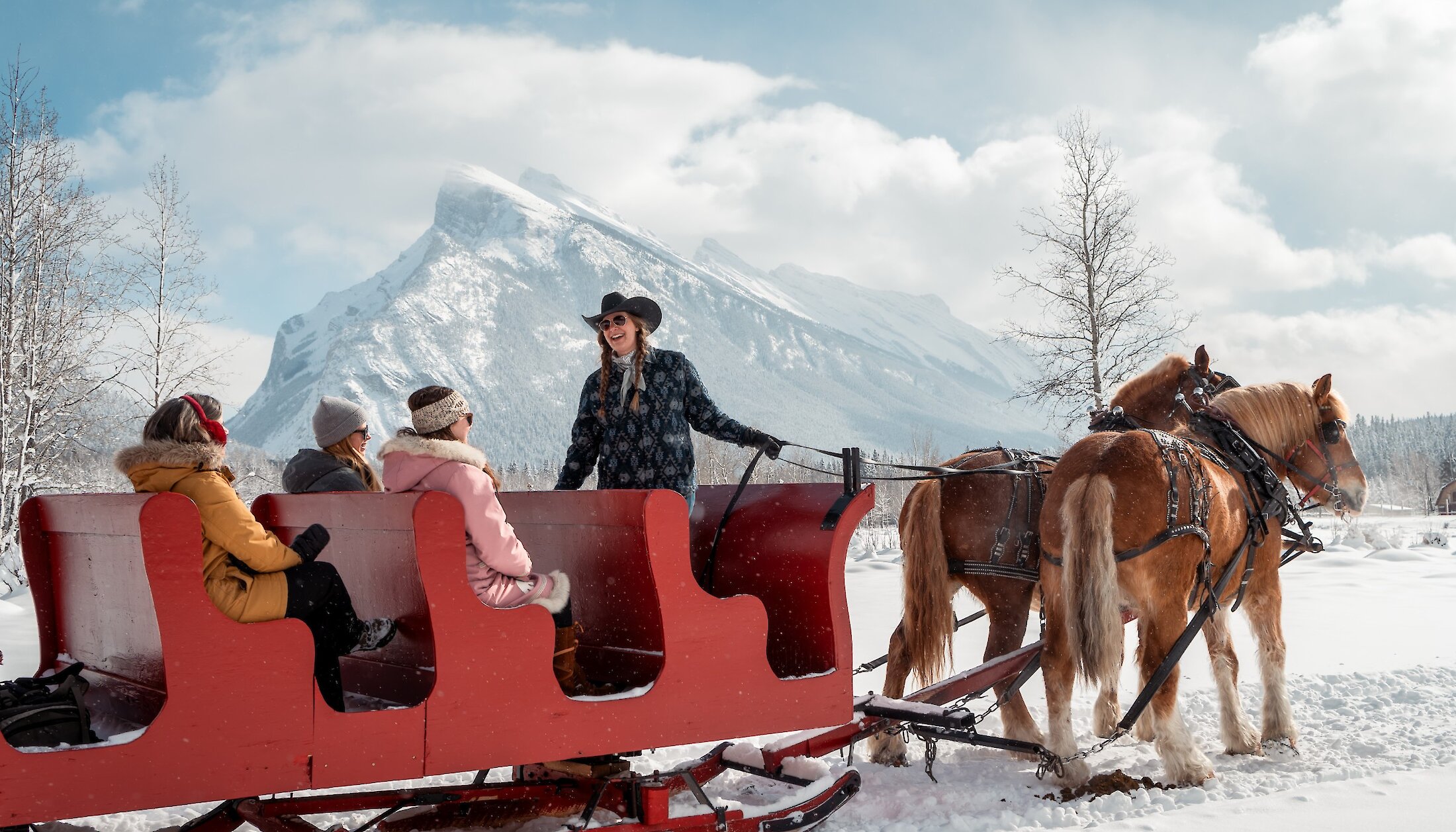 A view of rundle and the public sleigh ride with the guide chatting to guests on the sleigh
