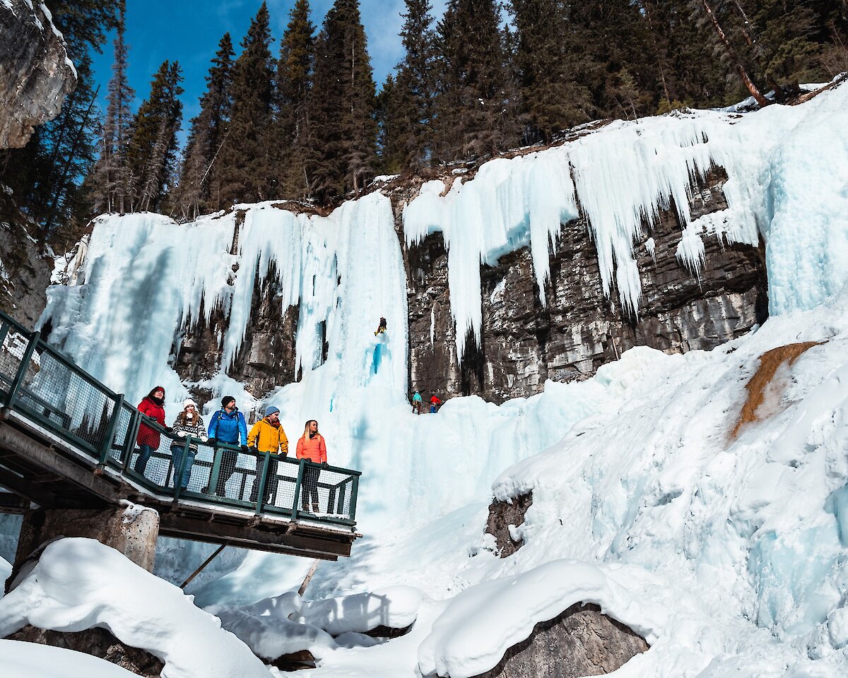 A group admiring the frozen upper falls icefalls at Johnston Canyon