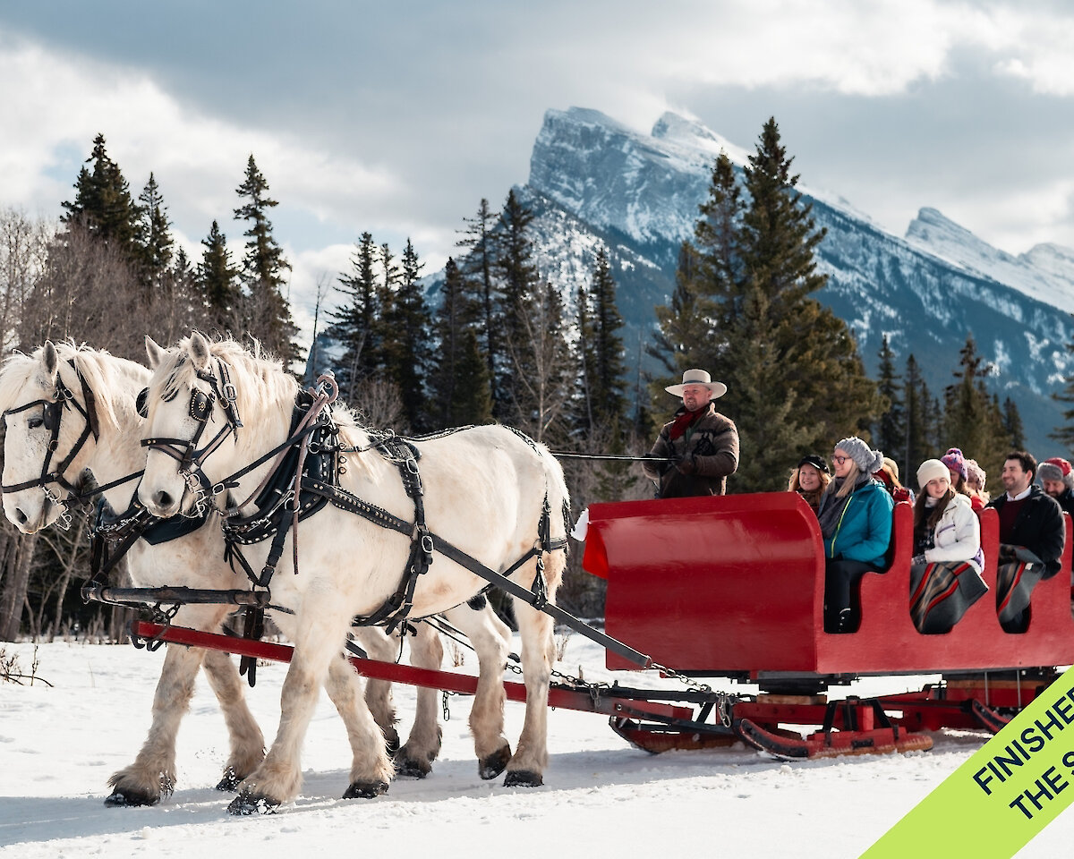 A horse drawn sled in winter pulling guests through the Banff meadow and mountains